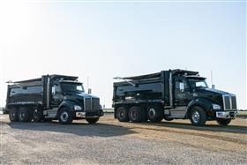 Blooming Glen Contractors: Two BGC Kenworth T880 dump trucks wait to pave on site at Philadelphia International Airport (PHL.)